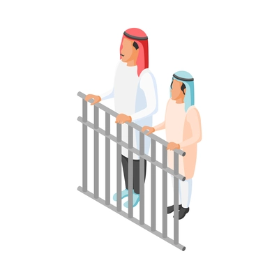 Isometric arabic family with man and boy standing near metal fence 3d vector illustration