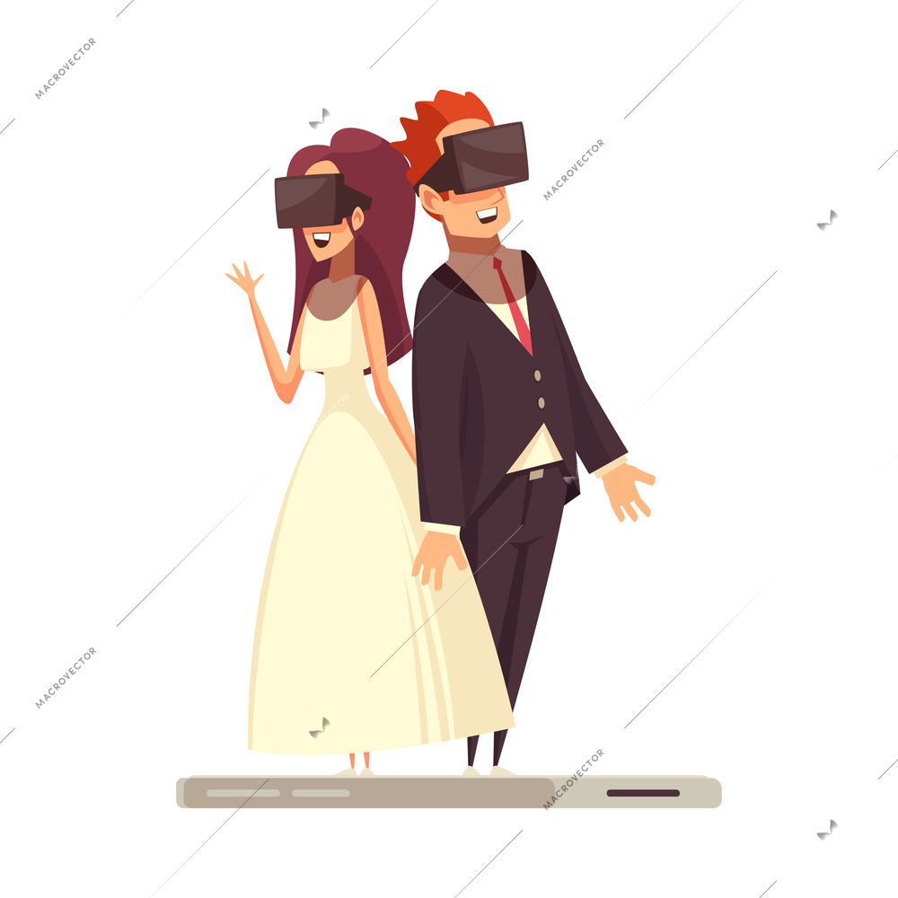 Virtual love dating smartphone app flat concept with bride and bridegroom wearing augmented reality glasses vector illustration