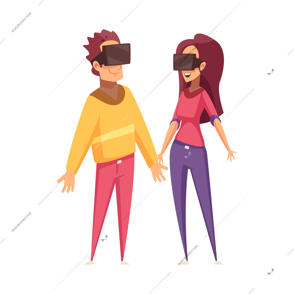 Man and woman wearing virtual reality glasses flat vector illustration