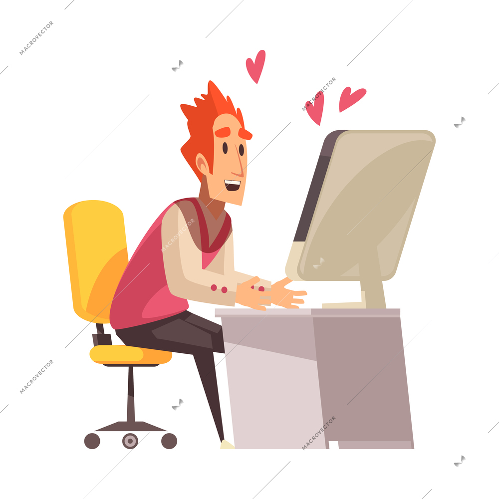 Virtual love dating website flat icon with happy man communicating with woman on computer vector illustration