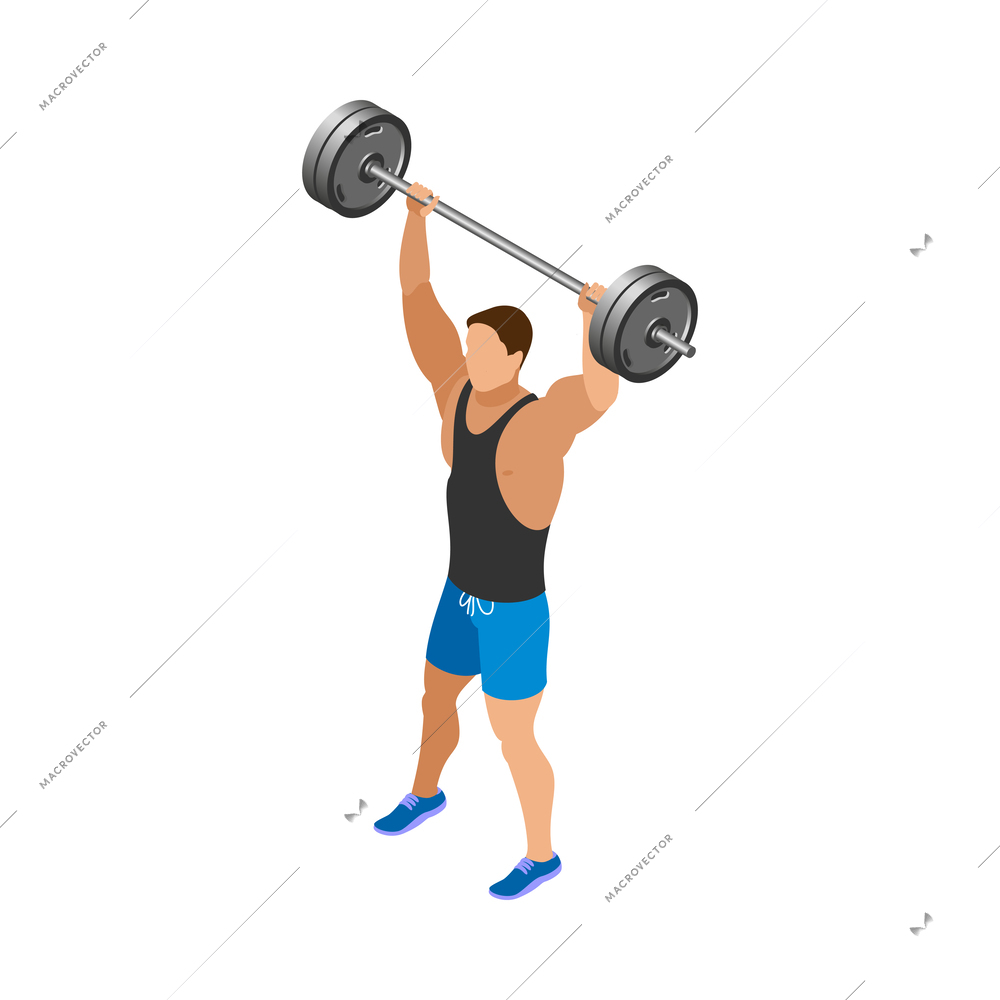 Body building isometric icon with male athlete lifting barbell 3d vector illustration