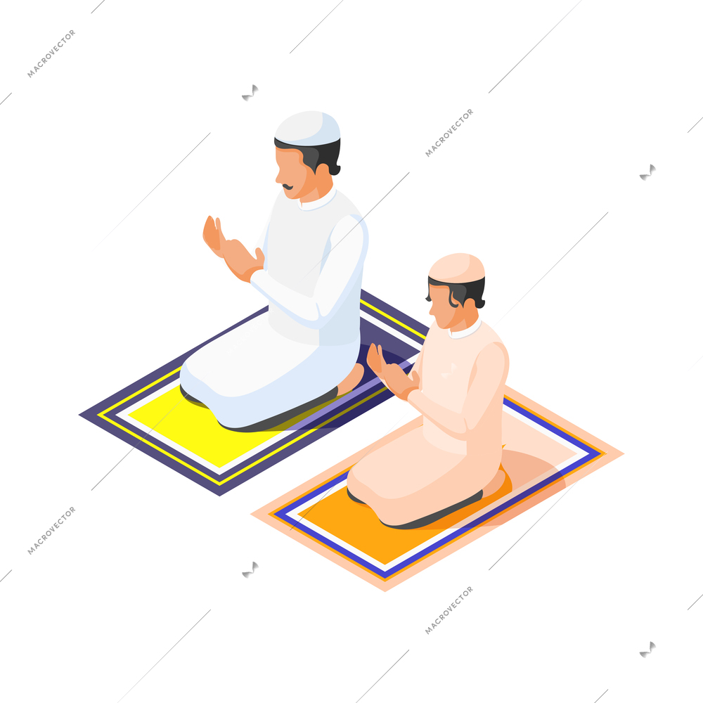 Isometric arabic family with man and his son praying on mats 3d vector illustration