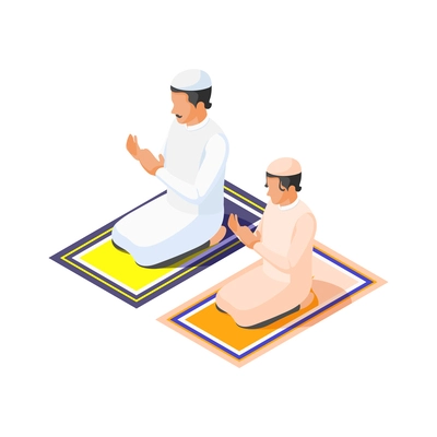 Isometric arabic family with man and his son praying on mats 3d vector illustration