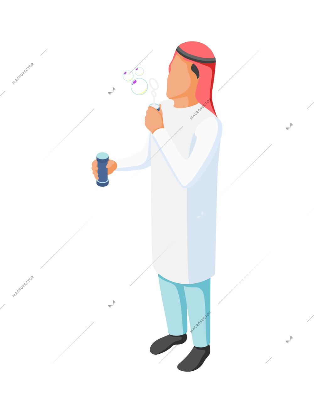 Isometric faceless character of arabic male teen blowing soap bubbles 3d vector illustration