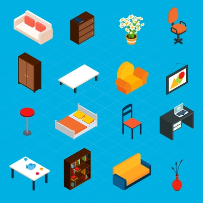 Isometric interior decorative 3d icons set with desk armchair bookshelf isolated vector illustration