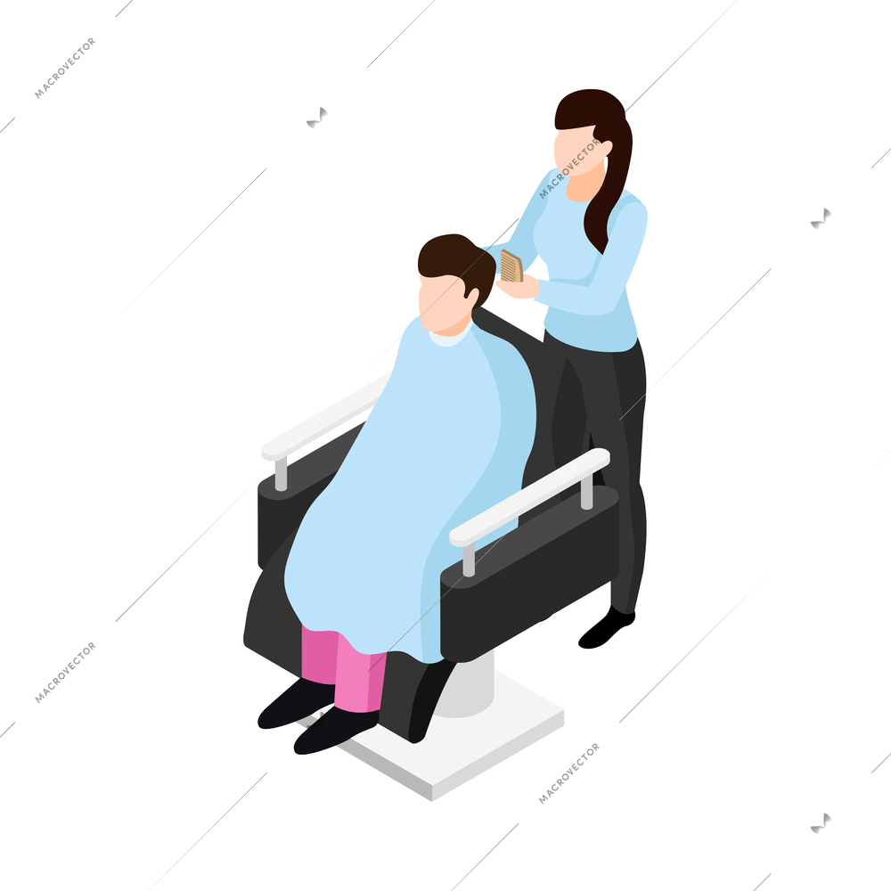 Beauty salon barber service isometric icon with female hairdresser and male client characters vector illustration