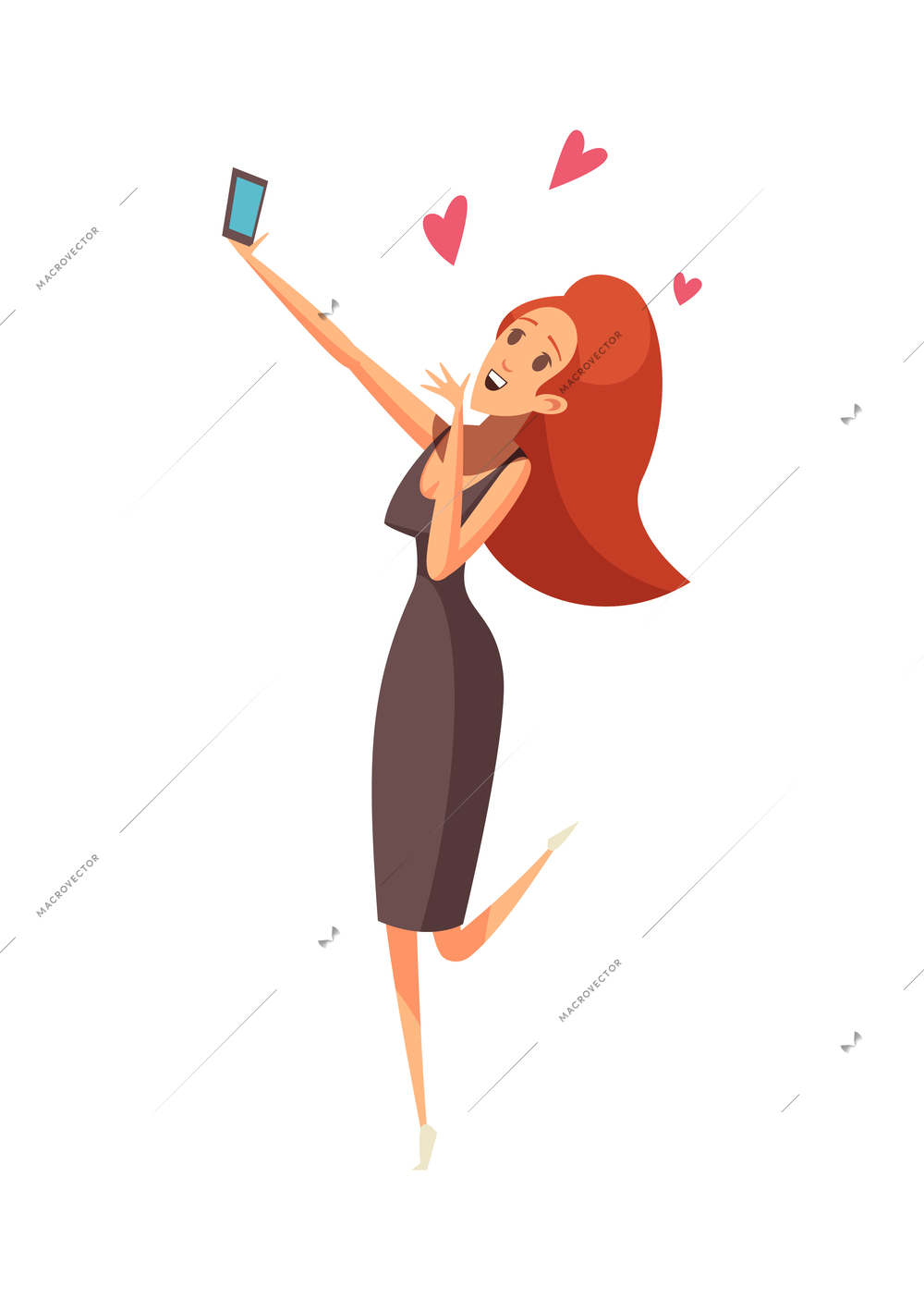 Virtual love flat icon with happy woman chatting with man on smartphone taking selfie vector illustration