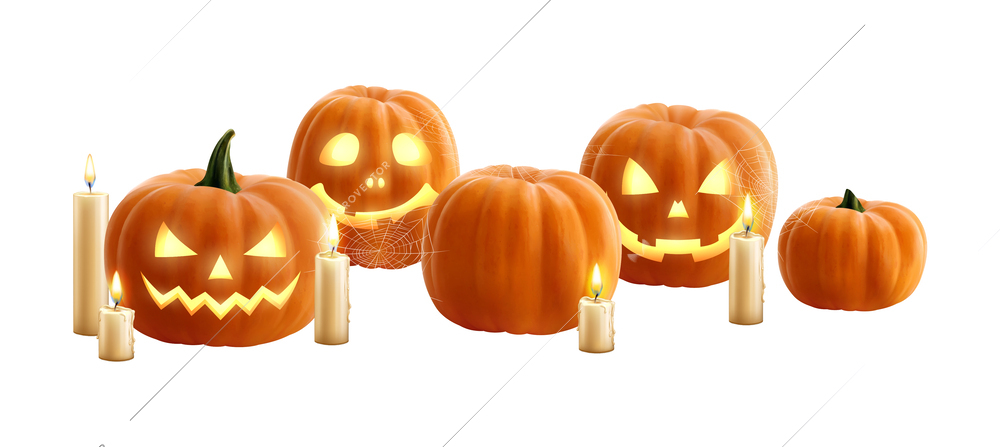 Halloween realistic composition with scary pumpkins candles and spider cobweb vector illustration