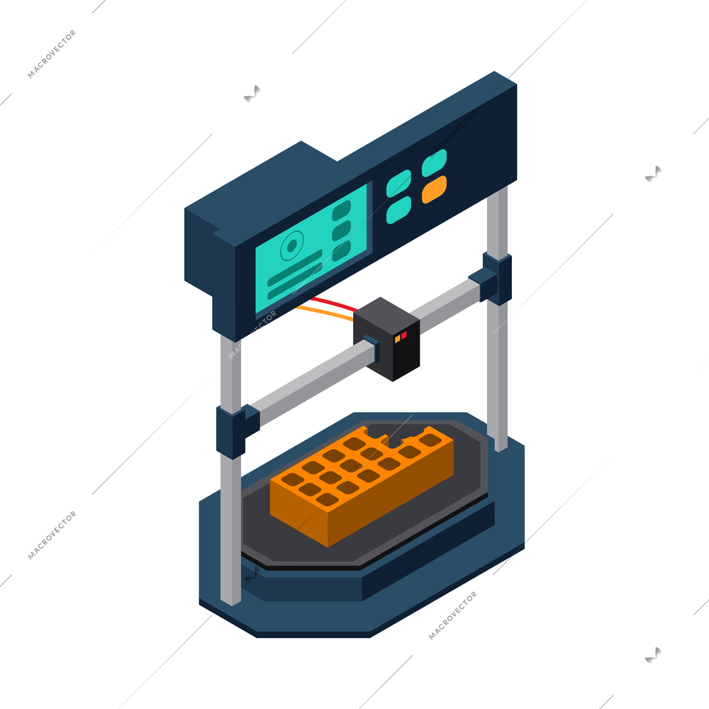 3D printer industry isometric icon with printing process of brick vector illustration