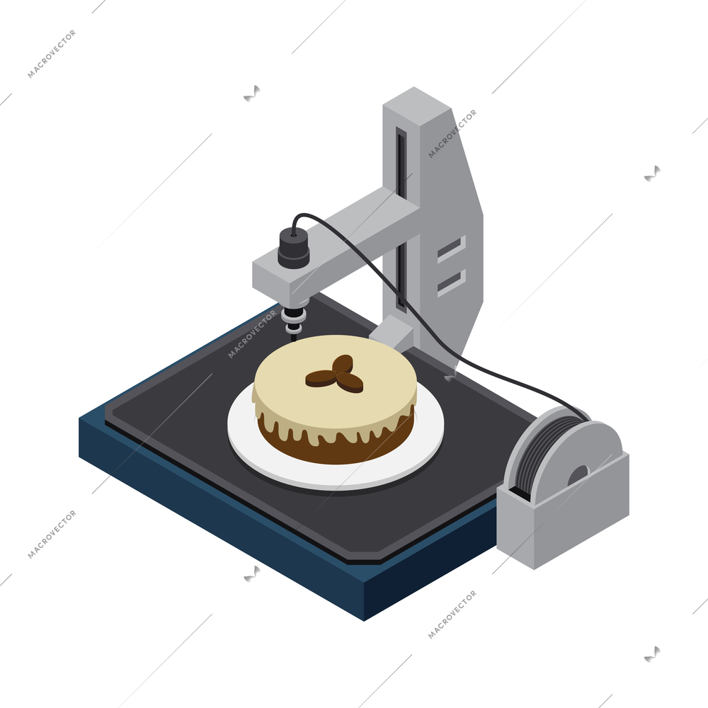 3D printer industry isometric icon with cake printing process vector illustration