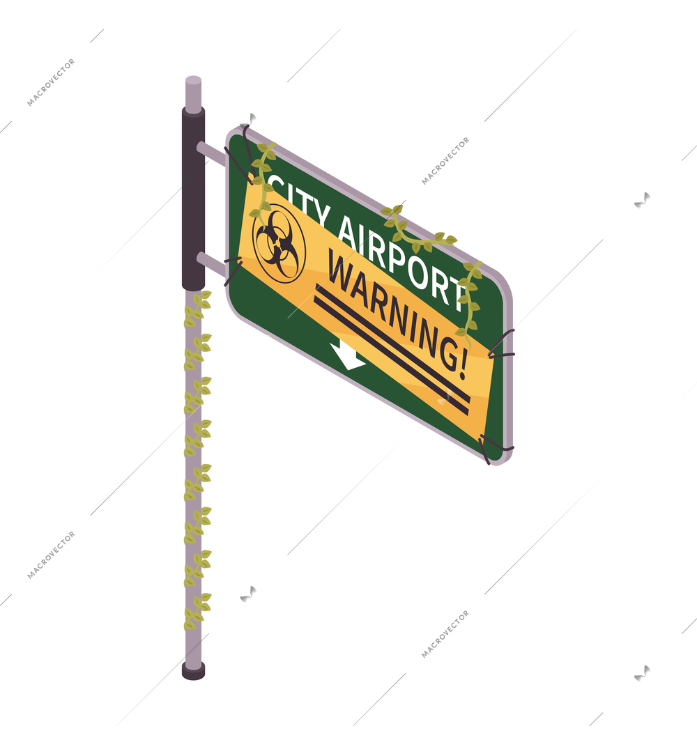 Isometric post apocalypse icon with warning of nuclear danger on road sign 3d vector illustration