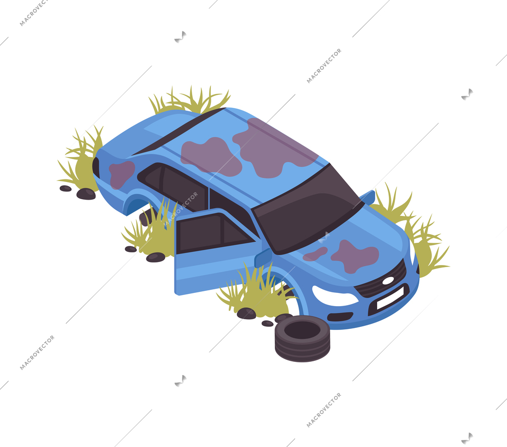 Isometric abandoned broken car after natural disaster or military action 3d vector illustration