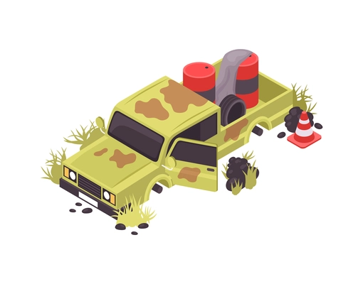 Isometric post apocalypse scene with adandoned dirty pickup truck and barrels 3d vector illustration