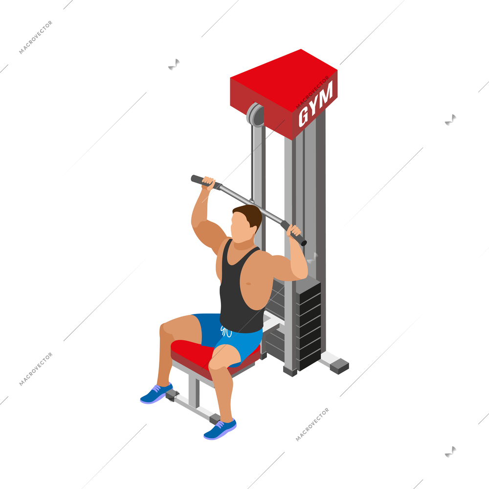 Body building isometric icon with man doing weight training at gym 3d vector illustration