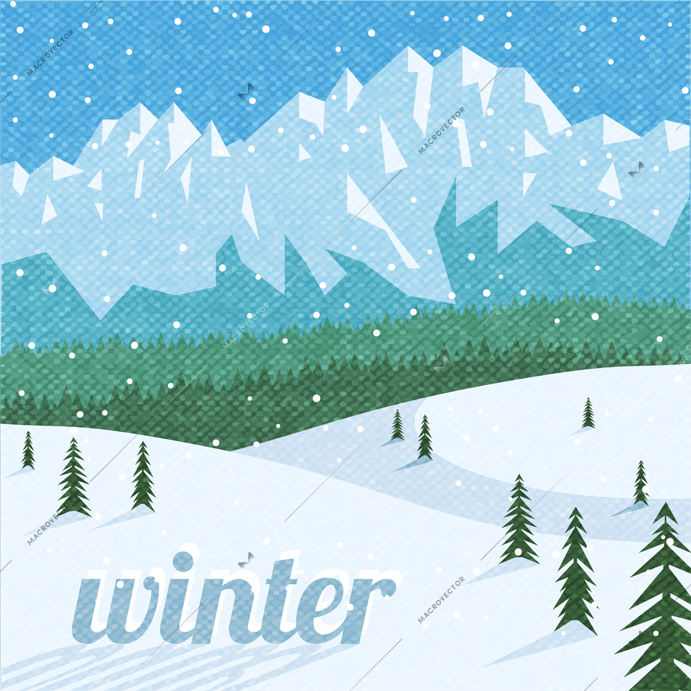 Winter vacation sport tourism and holidays destination  beautiful mountain peaks landscape background advertisement poster abstract vector illustration