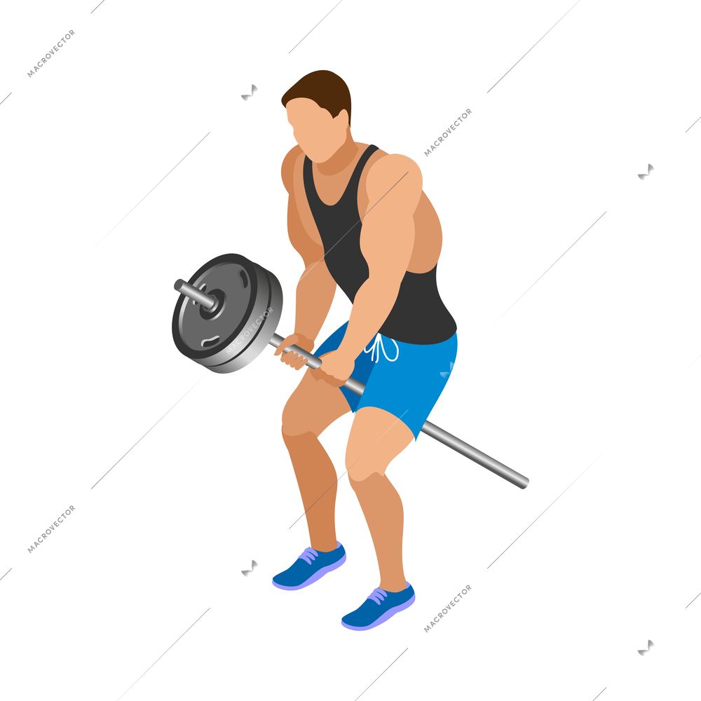 Body building isometric icon with male sportsman with barbell 3d vector illustration