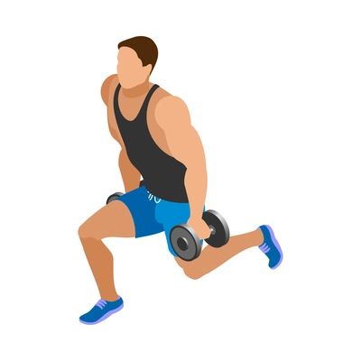 Body building isometric icon with male athlete doing weight workout with dumbbells vector illustration