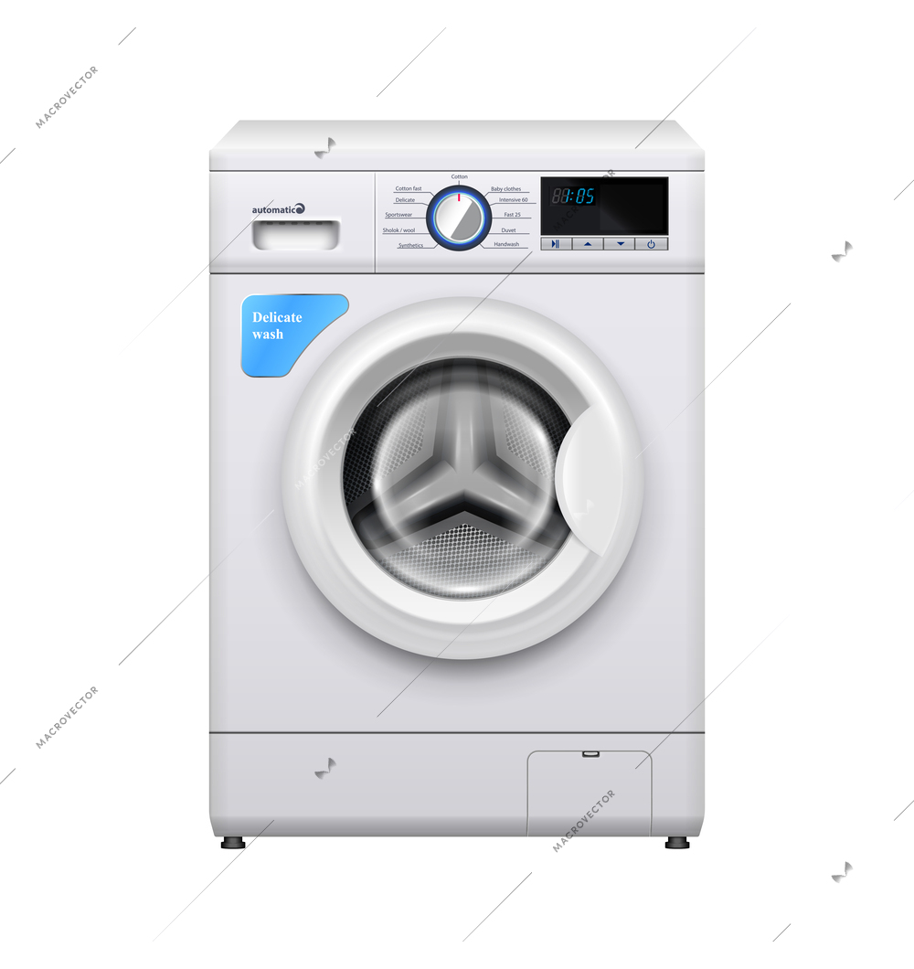 Modern automatic washing machine front door on white background realistic vector illustration