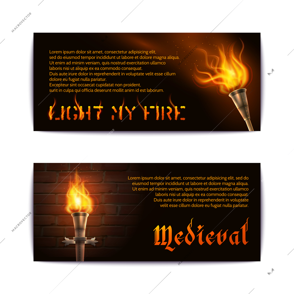 Horizontal banner set with realistic torch medieval fire light elements isolated vector illustration