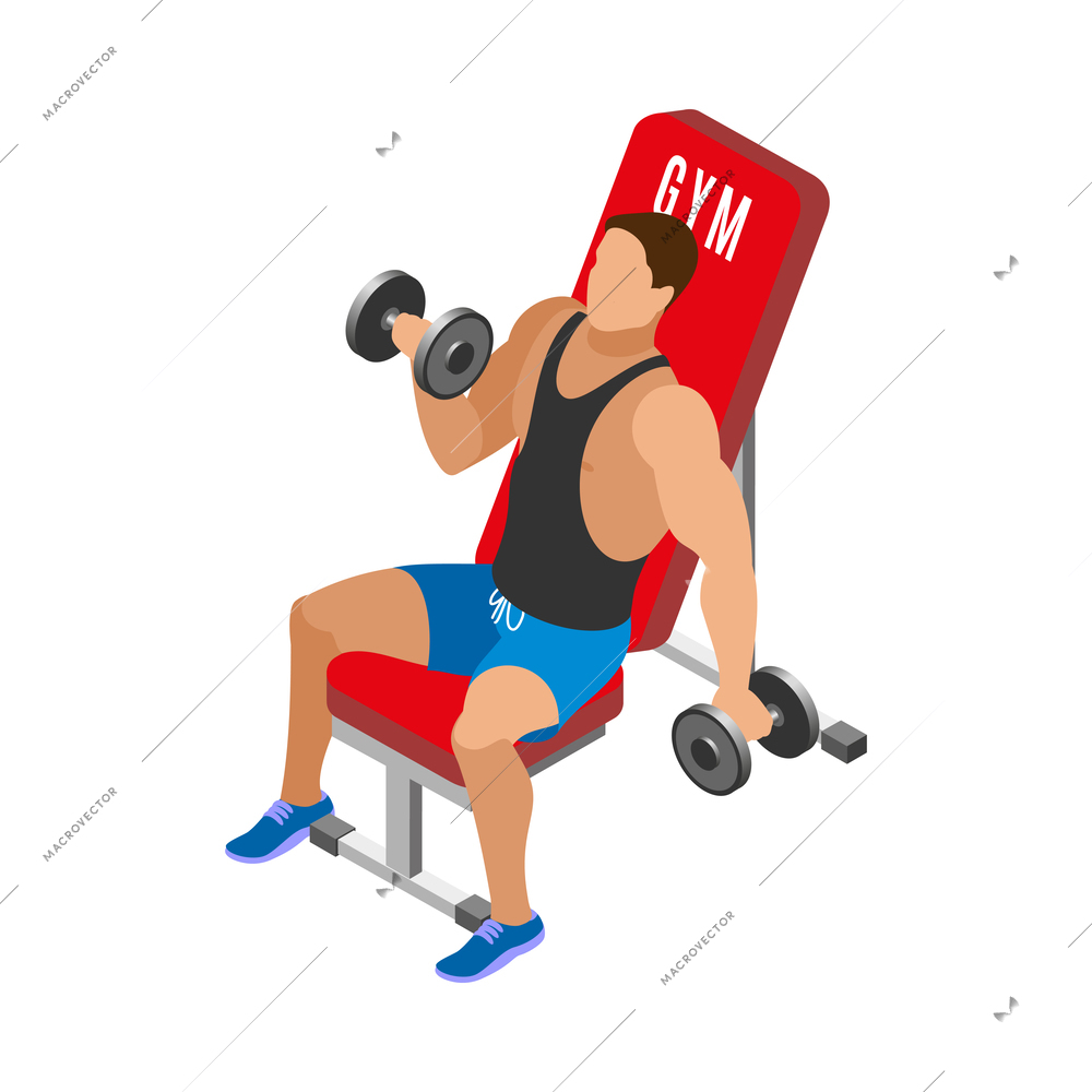 Body building isometric icon with man during workout at gym 3d vector illustration