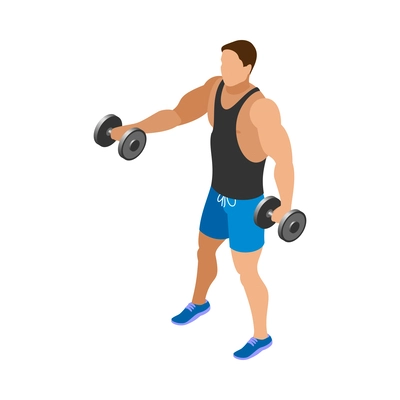 Body building isometric icon with muscular man exercising with dumbbells 3d vector illustration