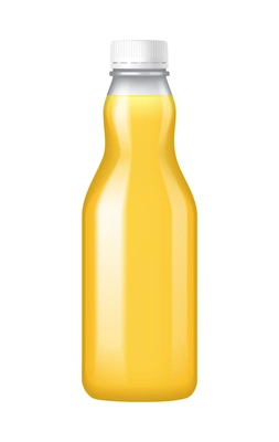 Realistic glass bottle of yellow fruit juice vector illustration