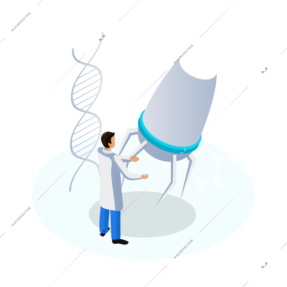 Nanotechnology isometric icon with dna molecule and character of scientist 3d vector illustration