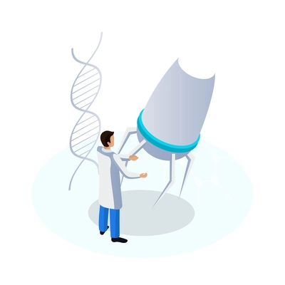 Nanotechnology isometric icon with dna molecule and character of scientist 3d vector illustration