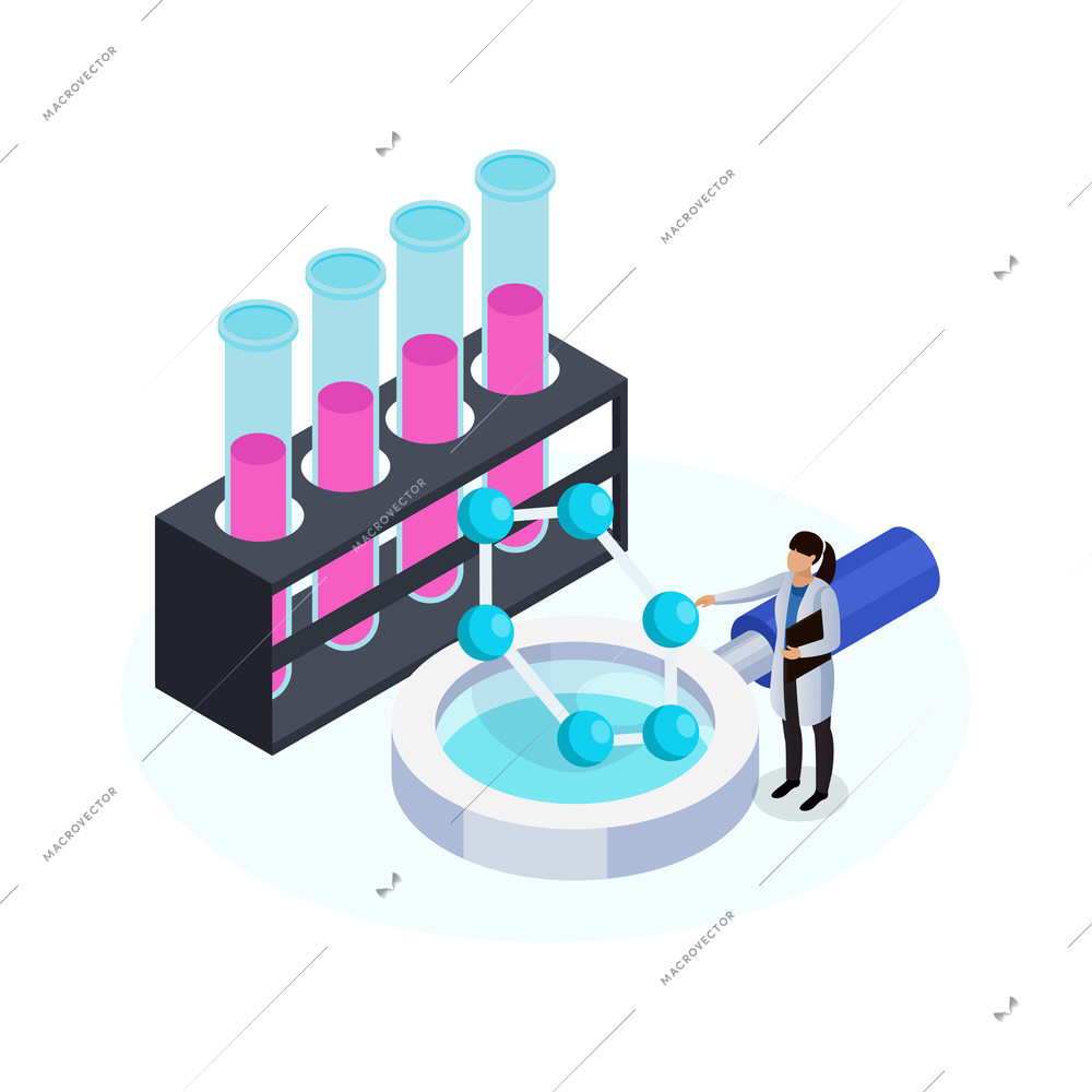 Nanotechnology isometric icon with laboratory tools molecule model and character of scientist 3d vector illustration