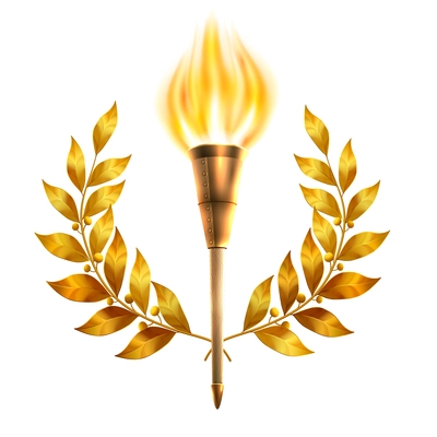 Realistic fire torch and gold laurel wreath victory and success concept vector illustration
