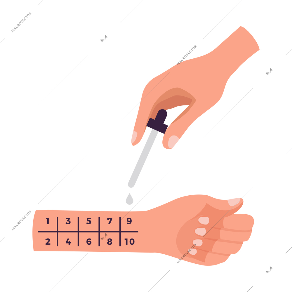 Skin prick test process flat vector illustration