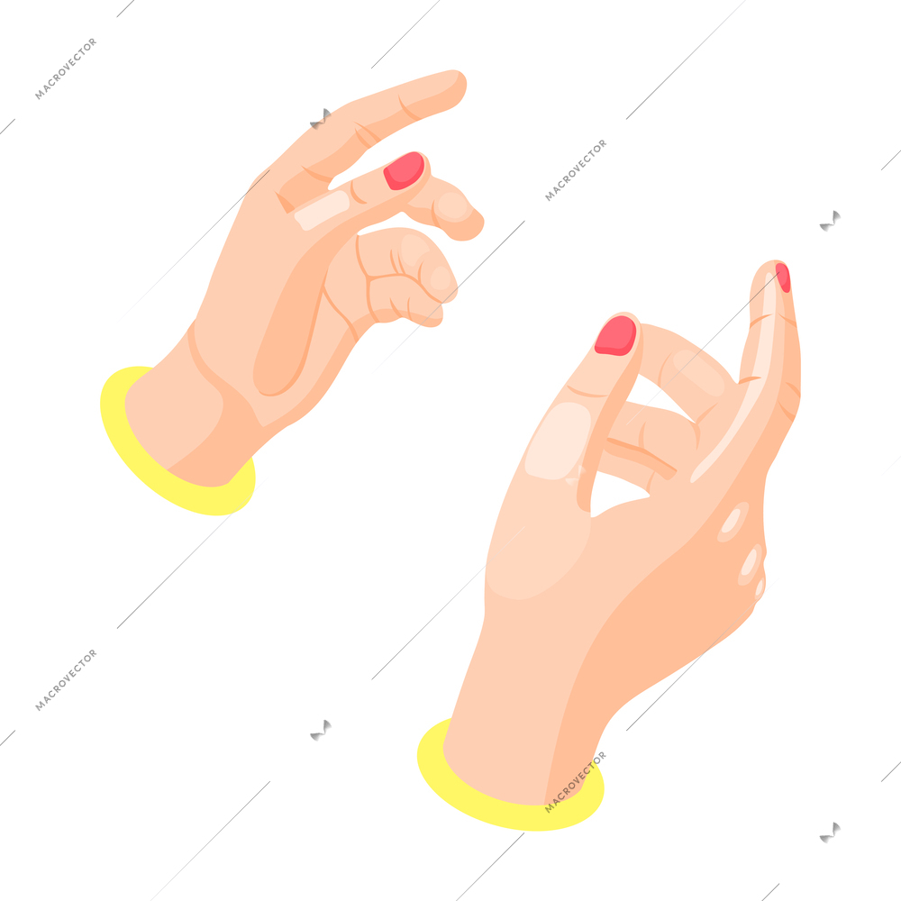 Isometric female hands with painted nails gesture 3d isolated vector illustration