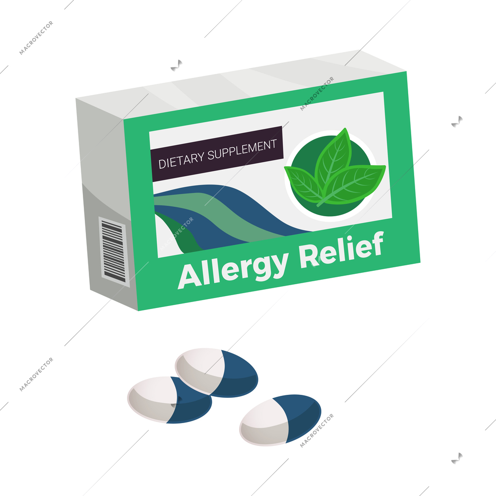 Allergy relief pills package flat isolated vector illustration