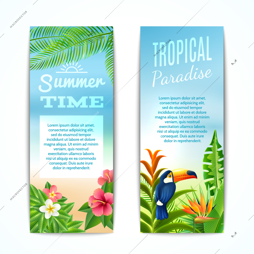 Tropical paradise summer time vertical banner set with exotic plants flowers and bird isolated vector illustration