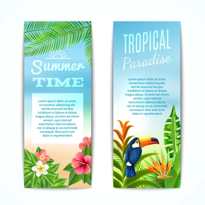 Tropical paradise summer time vertical banner set with exotic plants flowers and bird isolated vector illustration