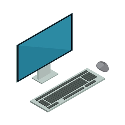 Isometric computer monitor with keyboard and mouse icon 3d vector illustration