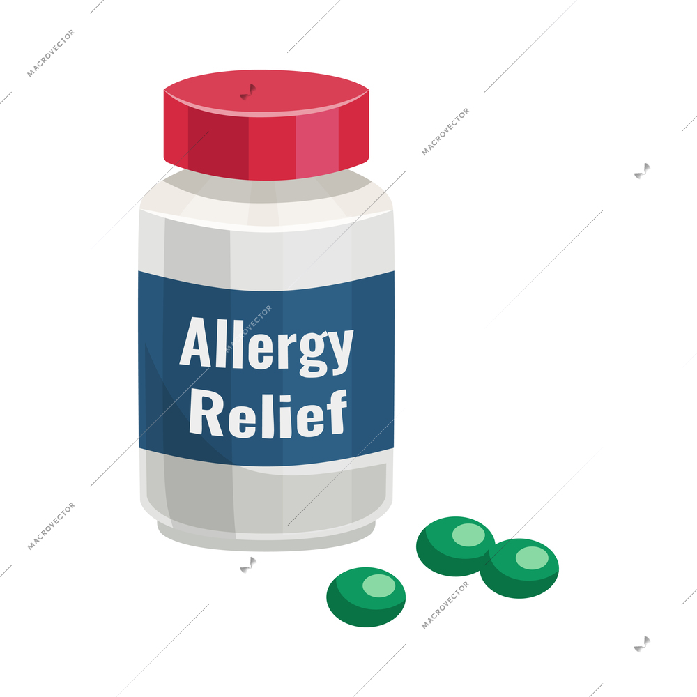 Allergy relief pills in bottle flat vector illustration