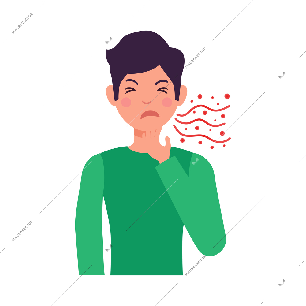 Boy suffering from cough allergy symptom flat vector illustration