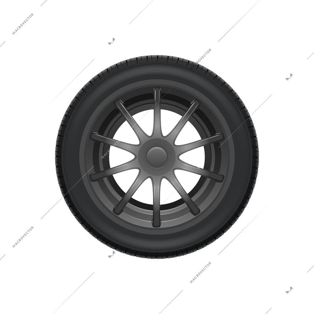 Realistic black tyred alloy car wheel vector illustration