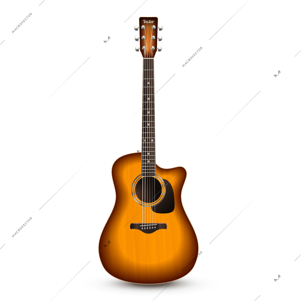 Realistic wooden acoustic guitar isolated on white background vector illustration