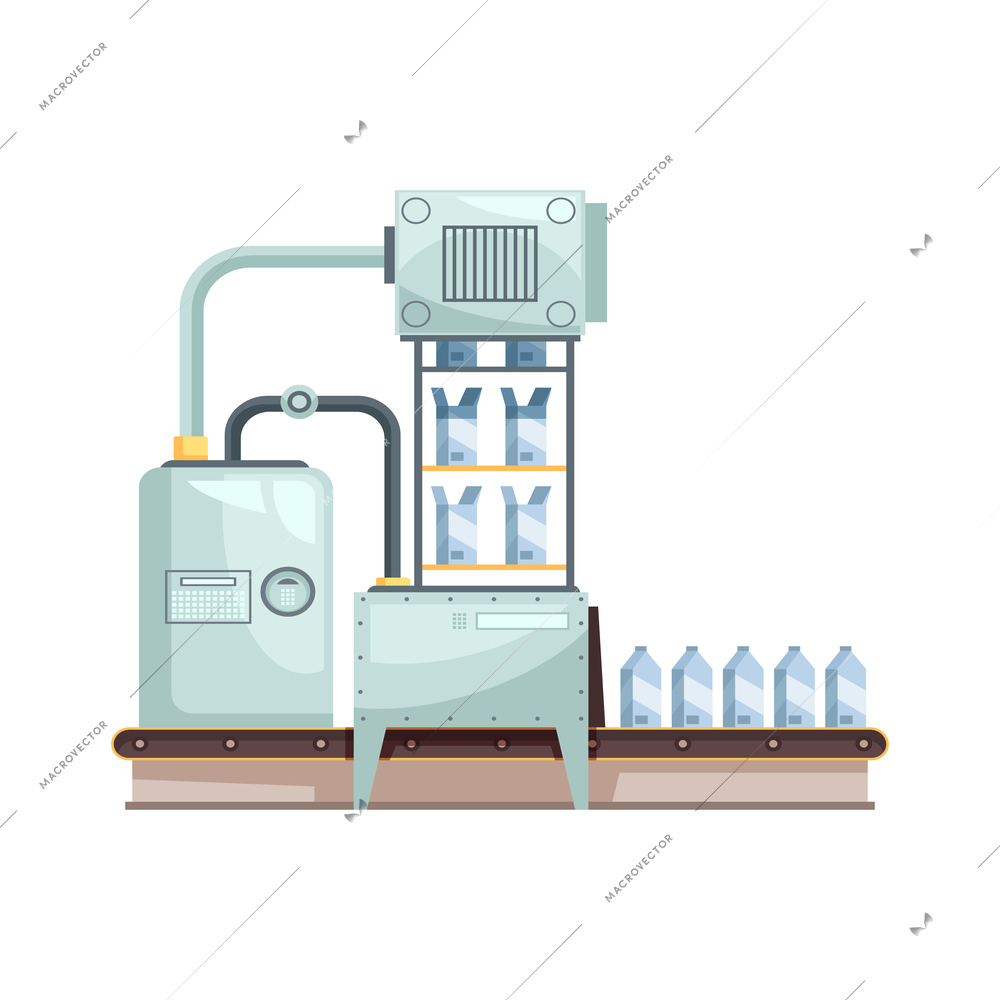 Milk factory conveyor with automatic product line flat vector illustration