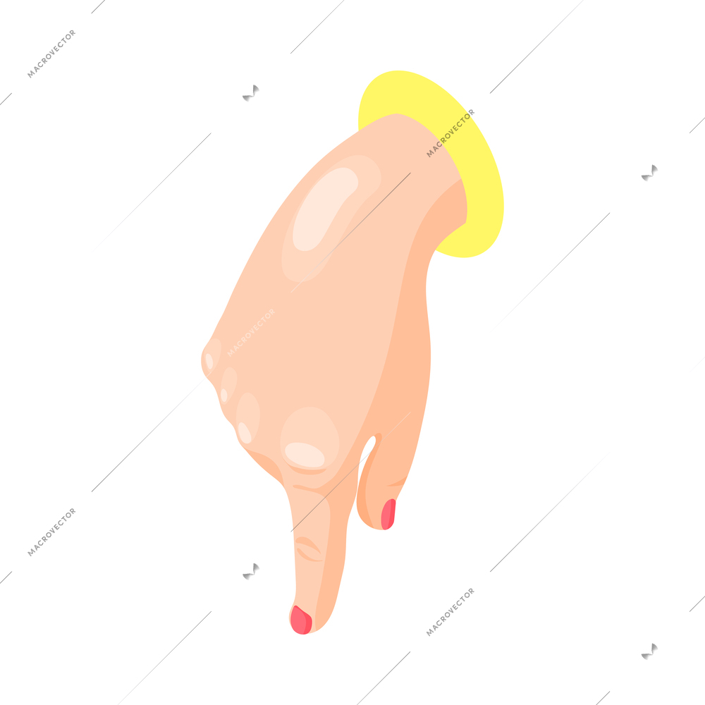 Isometric female hand gesture pushing on something or pointing down vector illustration