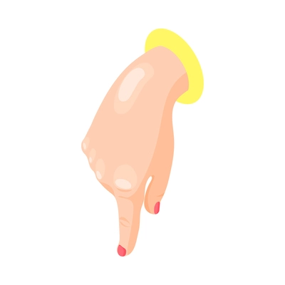 Isometric female hand gesture pushing on something or pointing down vector illustration