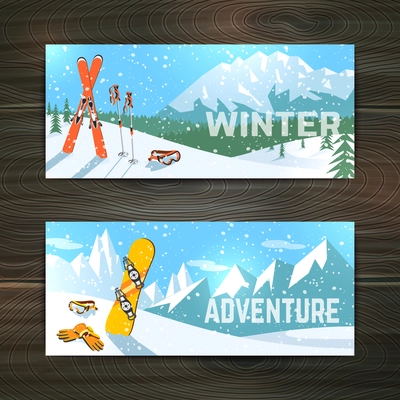 Winter  holidays alpine skiing  landscape with goggles gloves and poles horizontal banners set abstract isolated vector illustration
