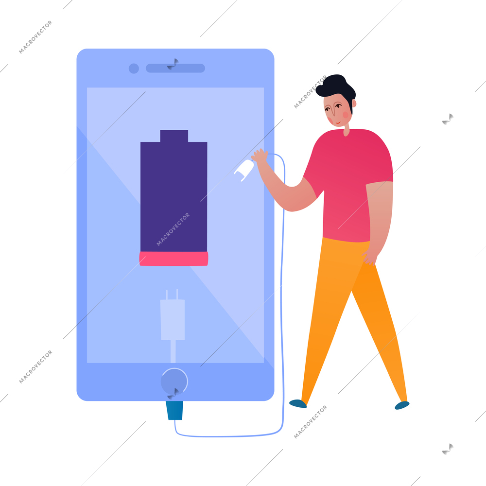 Phone interaction flat icon with human character going to charge his smartphone vector illustration