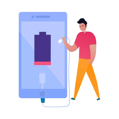 Phone interaction flat icon with human character going to charge his smartphone vector illustration