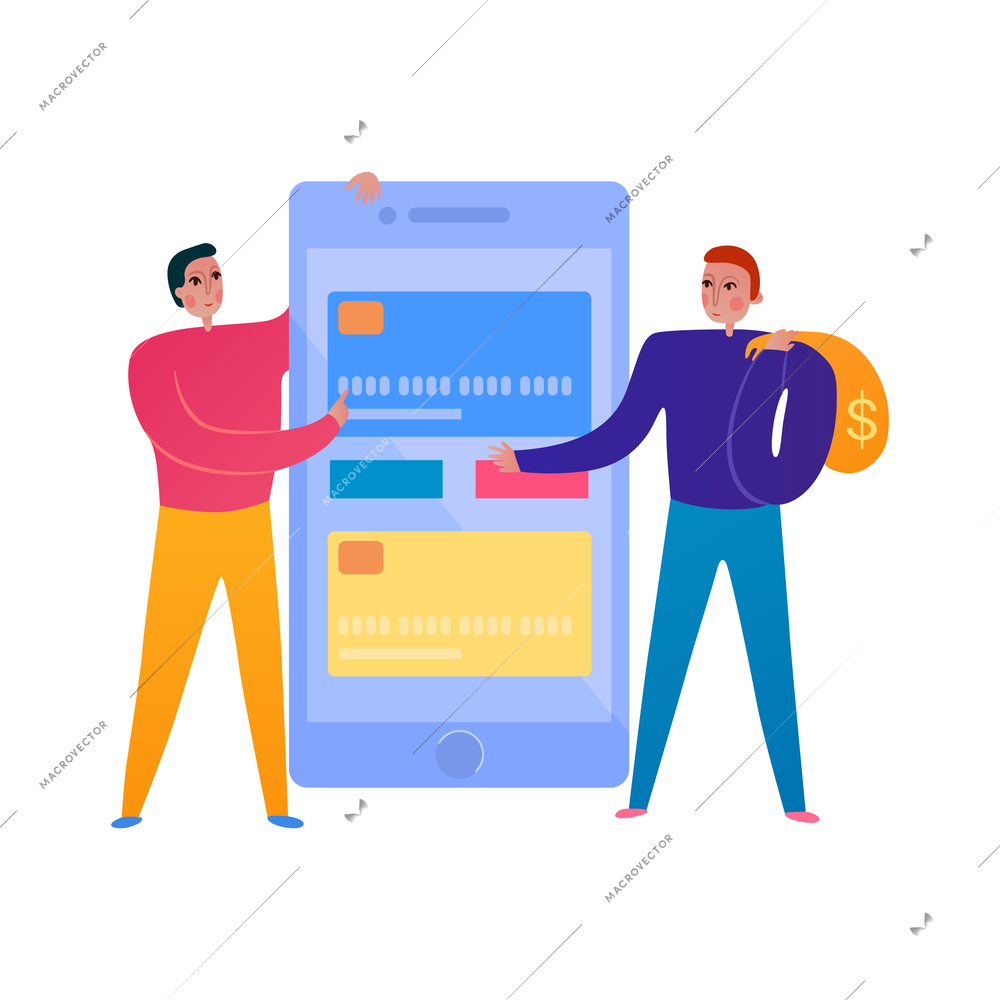 Phone interaction online banking flat icon with human characters and bank cards on smartphone screen vector illustration