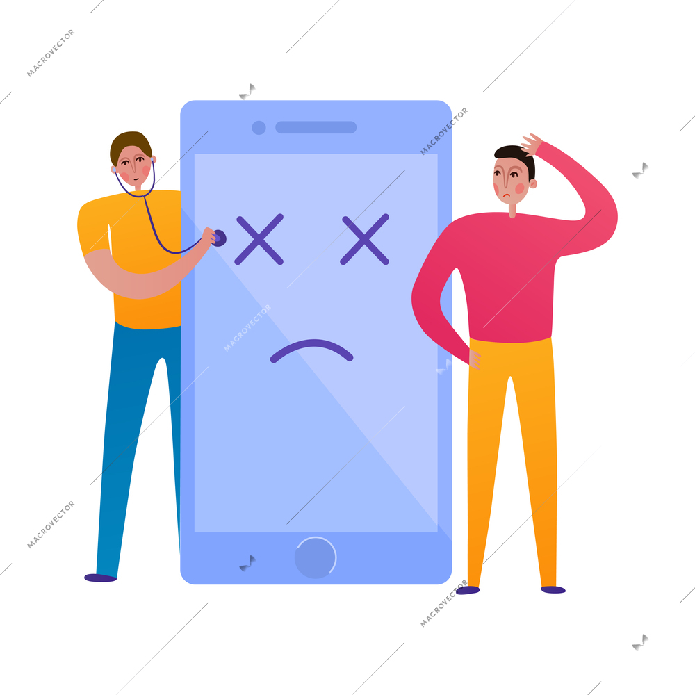 Technical support smartphone diagnostics flat conceptual icon with characters of client and technician vector illustration