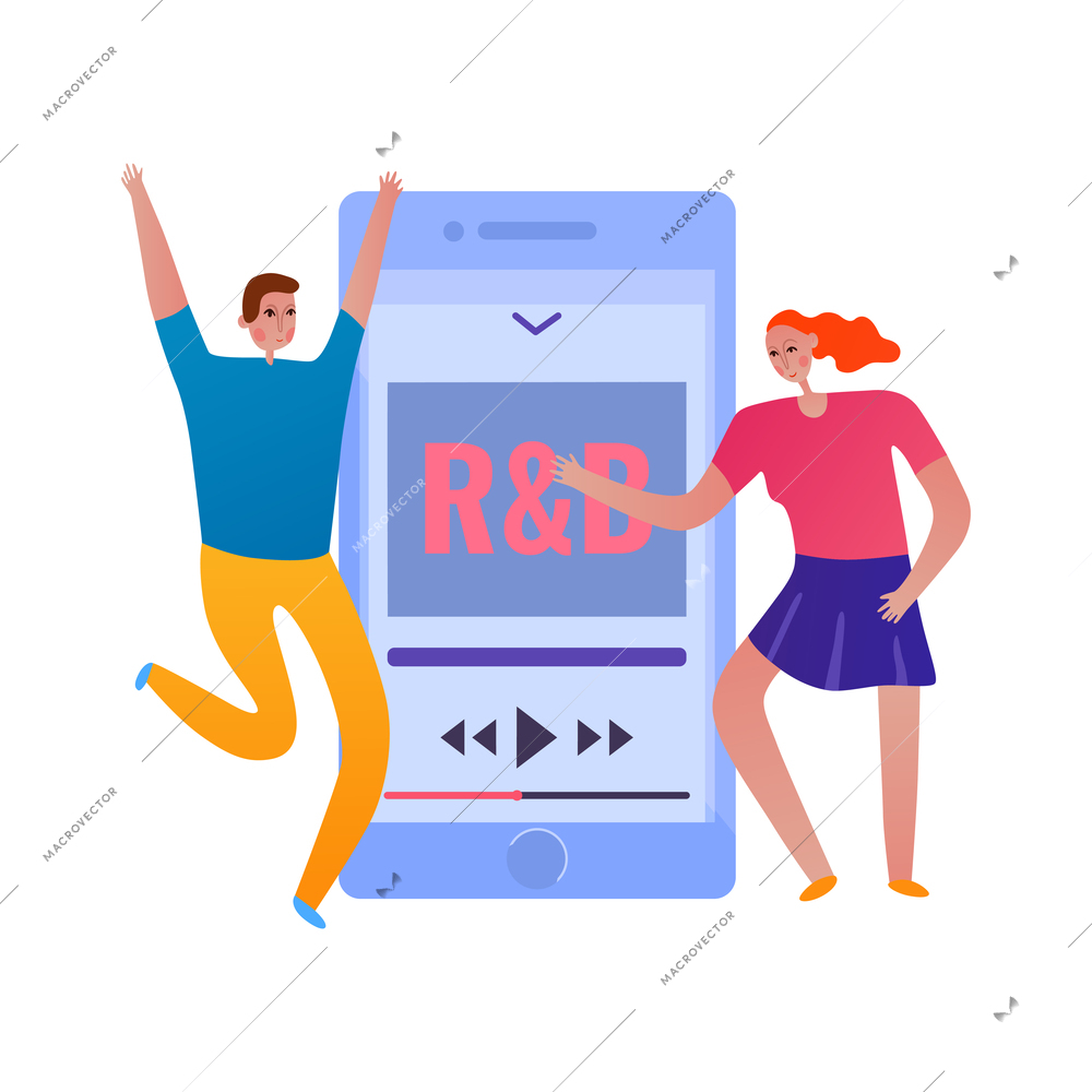 Phone interaction flat icon with people listening music on smartphone vector illustration