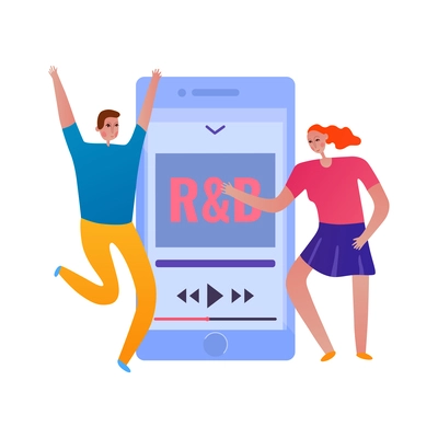 Phone interaction flat icon with people listening music on smartphone vector illustration